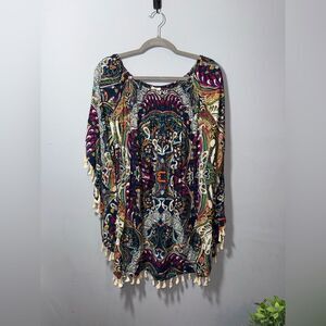 Umgee Paisley Long Sleeve Beach Boho Bohemian Dress Festival tassels Small EUC